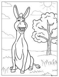 Donkey sitting in a field with a tree coloring page
