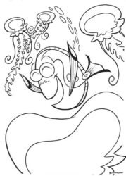 Dory Coloring Page with jellyfish and bubbles