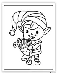 Elf Coloring Sheet Holding Stocking with Gifts