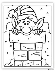 Elf Coloring Sheet Peeking Out of a Chimney