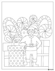 Elf Coloring Sheet with Large Gifts and Candies