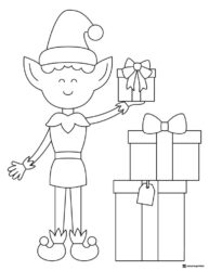 Elf Holding a Gift with Stacked Presents Coloring Page