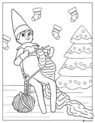 Elf Knitting Coloring Page with Christmas Tree and Stockings