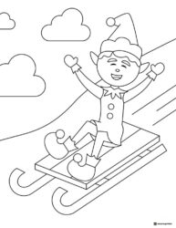 Elf Sledding Coloring Page with Clouds
