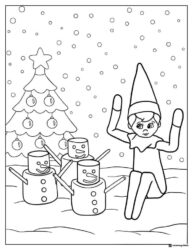 Elf and Marshmallow Snowmen Coloring Page with Christmas Tree
