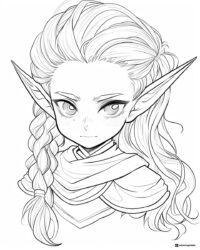 Elf girl coloring page with braided hair and pointed ears