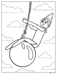 Elf on a Wrecking Ball Coloring Page with Clouds