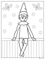 Elf on the Shelf coloring page with holly and stars