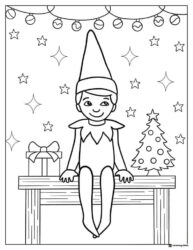 Elf on the Shelf coloring page with stars and tree