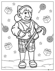 Elf with Candy Cane Coloring Page Gifts and Lollipops