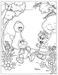 Elmo Big Bird and Zoe in a garden coloring page