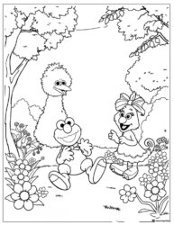 Elmo Big Bird and Zoe in nature coloring page