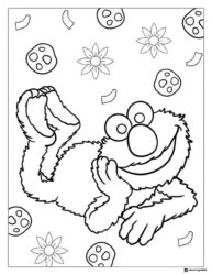 Elmo Coloring Page Lying Down with Cookies and Flowers