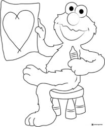 Elmo Coloring Page holding heart drawing and crayon