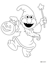 Elmo Coloring Page in wizard costume with pumpkin and wand