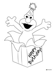 Elmo Coloring Page popping out of a Happy Birthday box