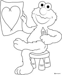 Elmo Coloring Page sitting on a stool holding a heart drawing