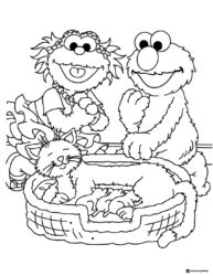 Elmo and Zoe Coloring Page with cat and kittens in a basket