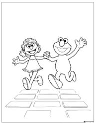 Elmo and Zoe skipping on blocks coloring page