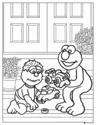 Elmo and baby Elmo Coloring Page playing with toy cars