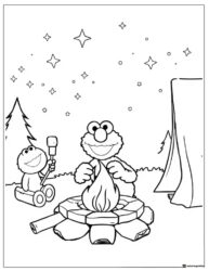 Elmo and friend camping by campfire coloring page