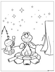 Elmo and friend camping with campfire coloring page