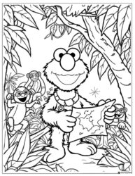 Elmo and monkeys in jungle with map coloring page