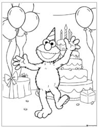 Elmo at birthday party with cake and balloons coloring sheet