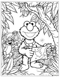 Elmo exploring jungle with monkeys coloring page