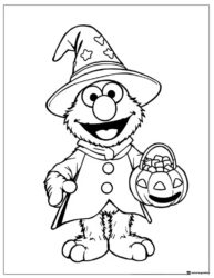 Elmo in witch costume with pumpkin pail coloring page