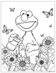 Elmo watering flowers with butterflies coloring sheet