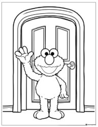 Elmo waving in front of a door coloring page