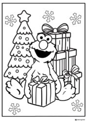 Elmo with Christmas tree and presents coloring page