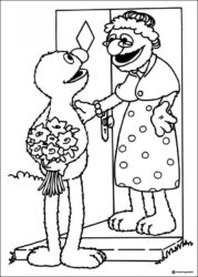 Elmo with flowers and Grandma coloring page