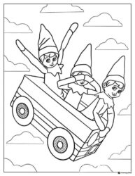 Elves in Flying Box Coloring Page with Clouds