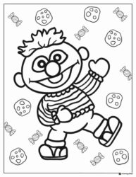 Ernie surrounded by cookies and candy coloring sheet