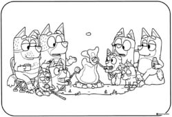 Family Campfire Bluey Coloring Sheet with Marshmallows