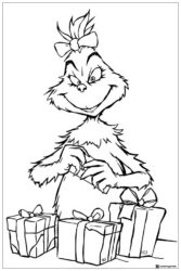 Female Grinch with Bow Opening Gifts Coloring Page