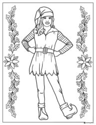 Female elf coloring page with holly border