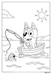 Fishing Bluey Coloring Page in a Boat with a Happy Fish