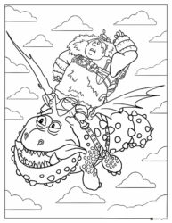 Fishlegs and Meatlug flying in clouds coloring page