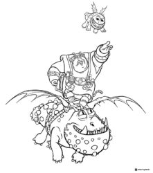 Fishlegs and Meatlug flying with baby dragon coloring page