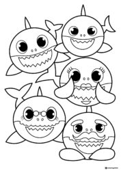 Five Baby Sharks coloring page swimming together