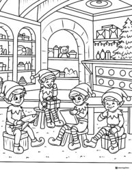 Four Christmas elves coloring page in Santas workshop