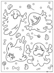 Four Halloween Ghosts Coloring Page with Candy and Bones