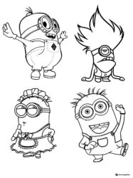 Four Minions in Various Poses Coloring Page