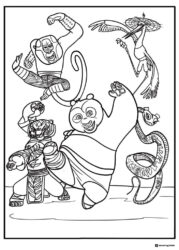 Furious Five and Po in action poses coloring page