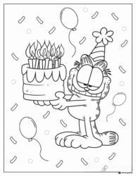 Garfield Birthday Coloring Page with Cake and Balloons