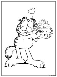 Garfield Coloring Page Holding Food Bowl with Heart