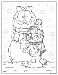 Garfield Coloring Page in winter hat with scarf and snowman